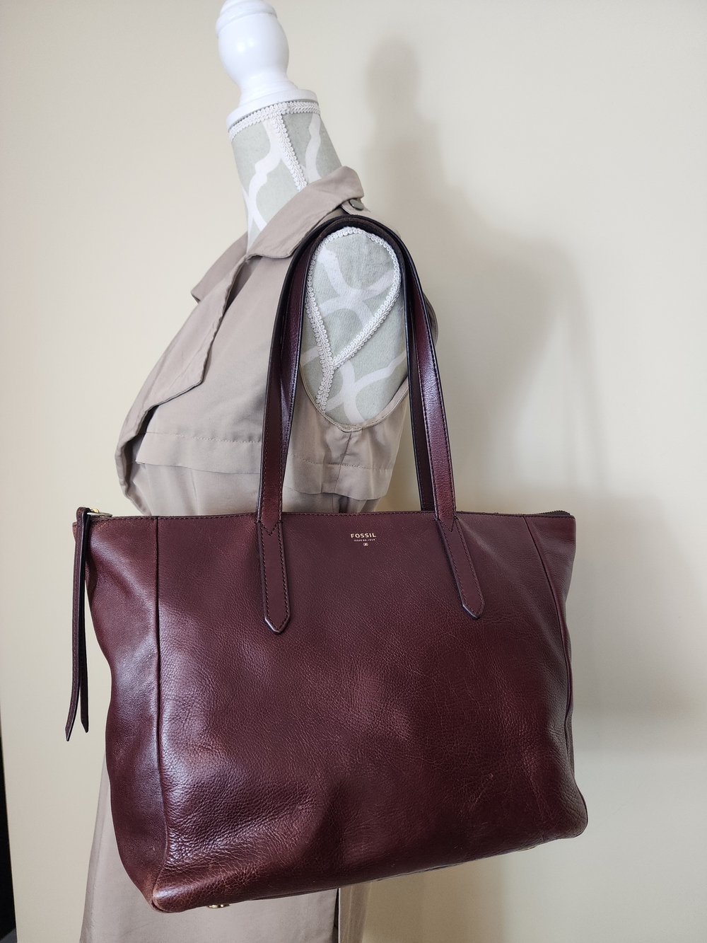 Fossil Sydney Leather Tote Burgundy Wine Oxblood Zip Top Large Shoulder Bag